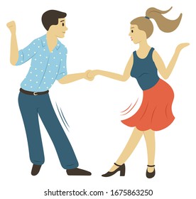 People character dancing, full length view of man and woman moving with holding hands isolated. Dancers rhythm, male and female hobby, motion vector