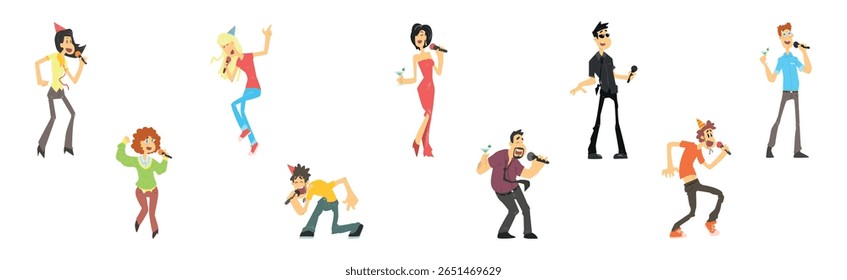 People Character Dancing and Singing in Karaoke Club Vector Set