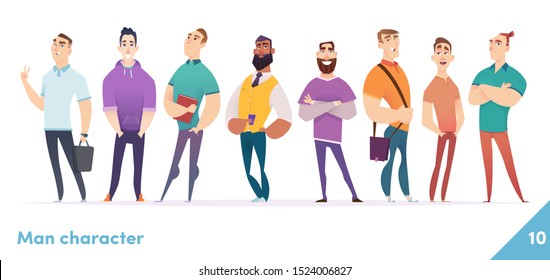 People character design collection. Males or manegers stand together. Young professional males poses.