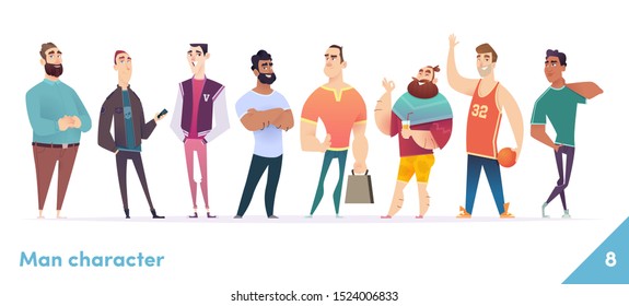 People character design collection. Males or manegers stand together. Young professional males poses.