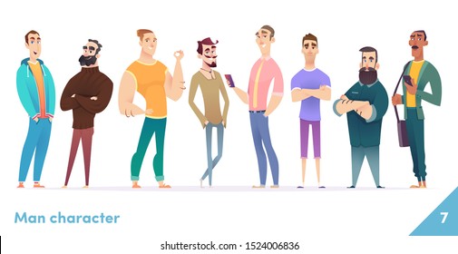 People character design collection. Males or manegers stand together. Young professional males poses.