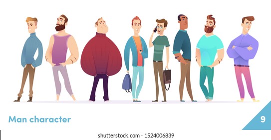 People character design collection. Males or manegers stand together. Young professional males poses.