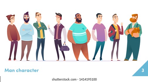 People character design collection. Modern cartoon flat style. Males or manegers stand together. Young professional males poses