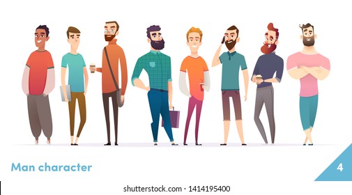 People character design collection. Modern cartoon flat style. Males or manegers stand together. Young professional males poses