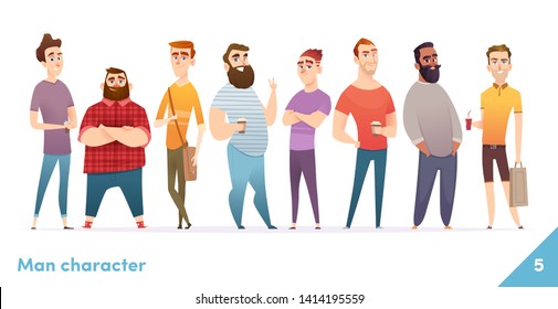 People character design collection. Modern cartoon flat style. Males or manegers stand together. Young professional males poses