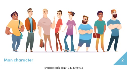 People character design collection. Modern cartoon flat style. Males or manegers stand together. Young professional males poses