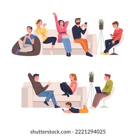 Charaktere mit digitalen Geräten auf Sofa und Sessel, die an einem Internet Addiction Vektor Set leiden