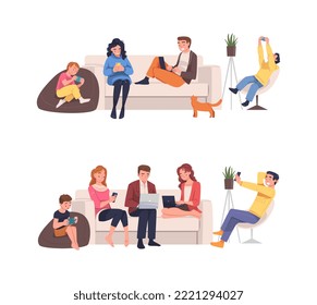 Personajes con dispositivo digital sentados en sofás y sillones que sufren de un conjunto de vectores de adicción a Internet