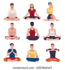 People Character Doing Meditation Sitting in Lotus Pose Practicing Mindfulness Vector Set