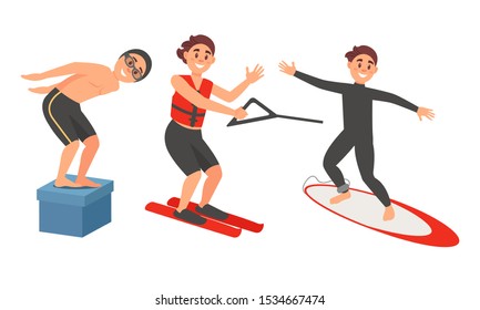 People Character Doing Water Active Sport. Summer Vector Illustrated Set.