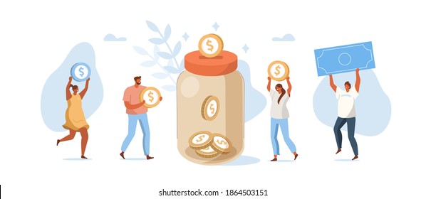 People Character Donate Money for Charity. Volunteers Collecting and Putting Coins and Banknotes in Donation Jar. Financial Support and Fundraising Concept. Flat Isometric Vector Illustration.