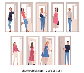 People Character at the Door Opening and Closing It Entering and Leaving Home Vector Illustration Set