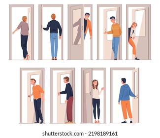 People Character at the Door Opening and Closing It Entering and Leaving Home Vector Illustration Set