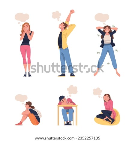 People Character Dreaming Imagining and Fantasizing Having Spontaneous Thought Vector Set
