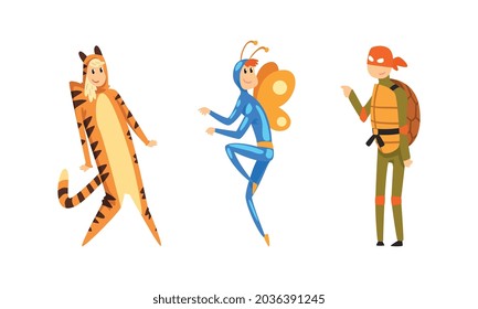 People Character Dressed in Carnival Costume for Masquerade Vector Set