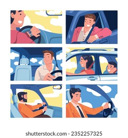 People Character Driving Car Sitting on Driver Seat Inside Vehicle Vector Illustration Set