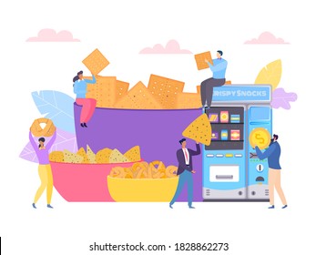 People character eat snack food, vector illustration. Cartoon tiny woman man person eating fresh baked chips production. Enjoying cooking fast flat unhealthy food appetizer concept.