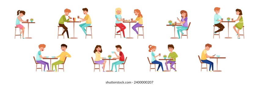 People Character Eating Street Food at Cafe Outdoor Vector Set