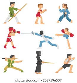 People Character Engaged in Combat Sport or Fighting Sport Competing Vector Illustration Set