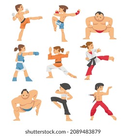 People Character Engaged in Combat Sport or Fighting Sport Competing Vector Illustration Set