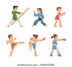 People Character Engaged in Combat Sport or Fighting Sport Competing Vector Illustration Set