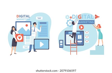 People Character Engaged in Digital Marketing in Social Network and Online Media Vector Set
