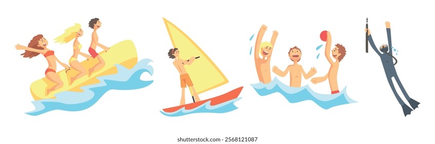People Character Enjoy Beach and Water Summer Activity Vector Set