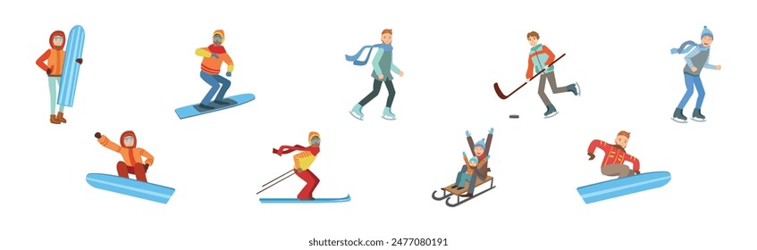 People Character Enjoy Winter Sport Activity Vector Set