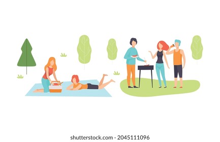 People Character Enjoying Picnic or Barbecue in Nature Sitting on Blanket and Grass Talking and Grilling Meat Vector Set
