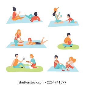 People Character Enjoying Picnic in Nature Sitting on Blanket and Talking Vector Set