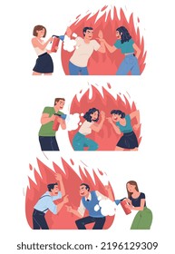 People Character Extinguishing Burning Angry Shouting Man and Woman Vector Set