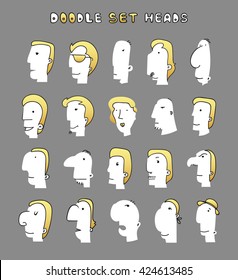 People character face man set isolated vector. Doodle Boy handmade. Cute funny stickers 
