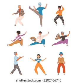 People Character with Fan Practicing Tai Chi and Qigong Exercise as Internal Chinese Martial Art Vector Illustration Set