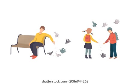 People Character Feeding Birds with Crumbs Walking in the Park Vector Set