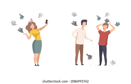 People Character Feeding Birds with Crumbs and Taking Selfie Walking in the Park Vector Set