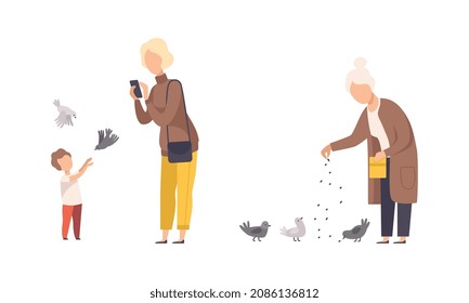 People Character Feeding Birds with Seeds and Taking Photo Walking in the Park Vector Set