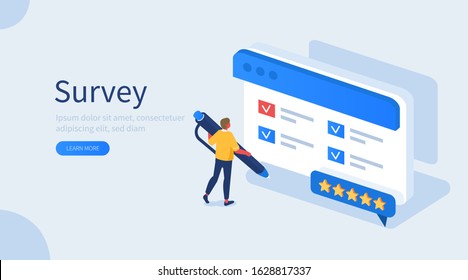 People Character Filling Test Online in Customer Survey Form. Man putting Check Mark on Checklist. Customer Experiences and Satisfaction Concept. Flat Isometric Vector Illustration.