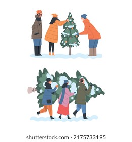 People Character with Fir Tree Preparing for New Year Holiday Decorating It with Baubles Vector Set