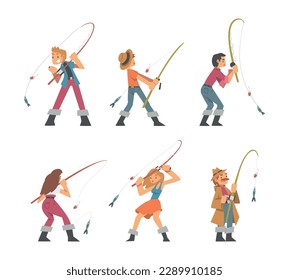 People Character in Fisherman Boots with Angling Rod Fishing Vector Illustration Set