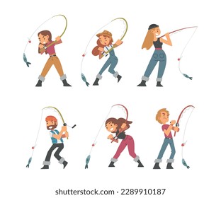 People Character in Fisherman Boots with Angling Rod Fishing Vector Illustration Set