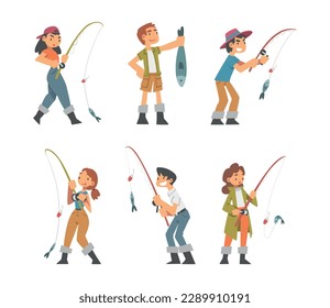 People Character in Fisherman Boots with Angling Rod Fishing Vector Illustration Set