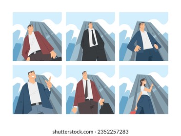 People Character in Formal Suit with Light Up View Standing Against Cityscape Vector Set