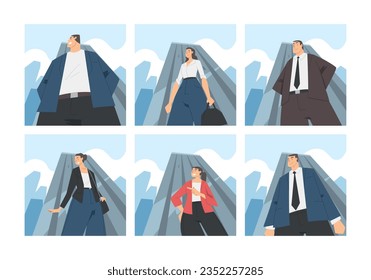 People Character in Formal Suit with Light Up View Standing Against Cityscape Vector Set