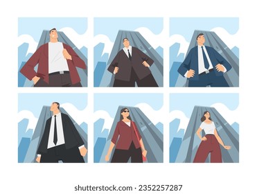 People Character in Formal Suit with Light Up View Standing Against Cityscape Vector Set