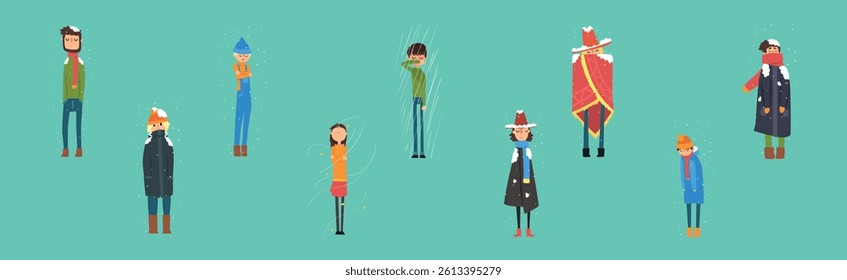 People Character Freezing Outside at Cold Snowy Weather Vector Set