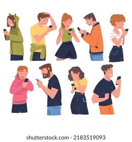 People Character with Gadget Reading Shock Content or News Vector Set