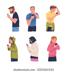 People Character with Gadget Reading Shock Content or News Vector Set