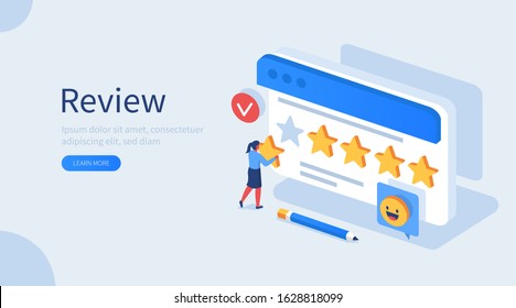 People Character Giving Five Star Feedback. Client Choosing Satisfaction Rating and Leaving Positive Review. Customer Service and User Experience Concept. Flat Isometric Vector Illustration.