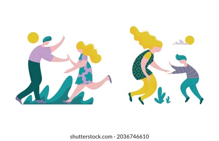 People Character Giving High Five Interacting with Each Other Vector Set