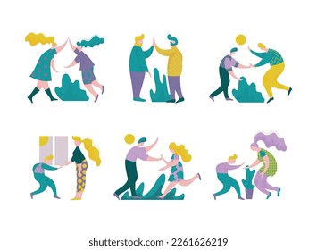 People Character Giving High Five Interacting with Each Other Vector Set